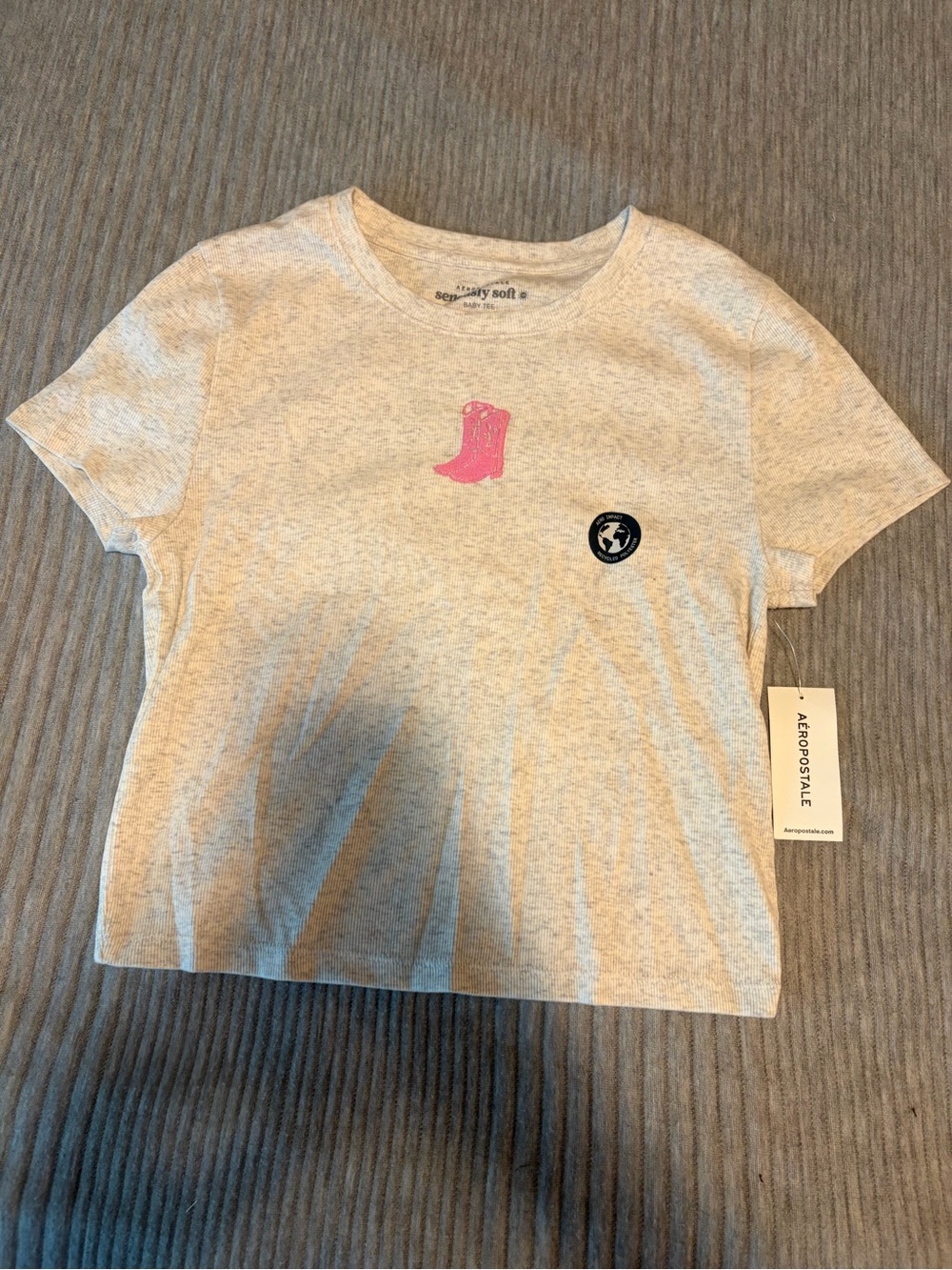 NWT Aeropostale Heather Gray Pink Cowgirl Boot Graphic Baby Tee, Size Large
